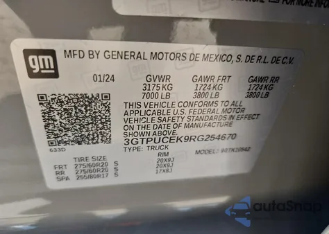 2024 GMC Sierra K1500 Elevation из США, поврежденный, VIN 3GTPUCEK9RG254670